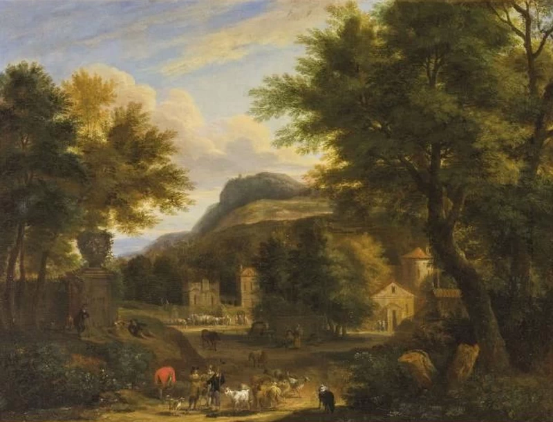 Paesaggio italianizzante con pastori e case sullo sfondo